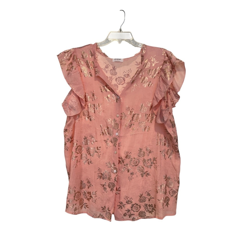 Kindred‎ | Flutter Sleeves Gold Floral Print Pink Blouse Plus Size 2X Boho Fairy